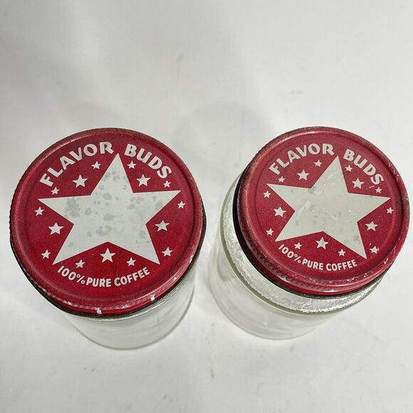 2 Vintage FLAVOR BUDS 100% PURE COFFEE GLASS BOTTLES / JAR Original Lids - Picture 3 of 11